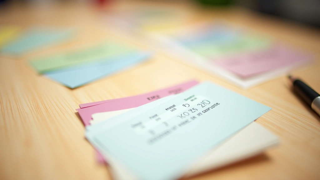 Categorías de gastos escritas en tarjetas de colores diferentes sobre superficie de madera