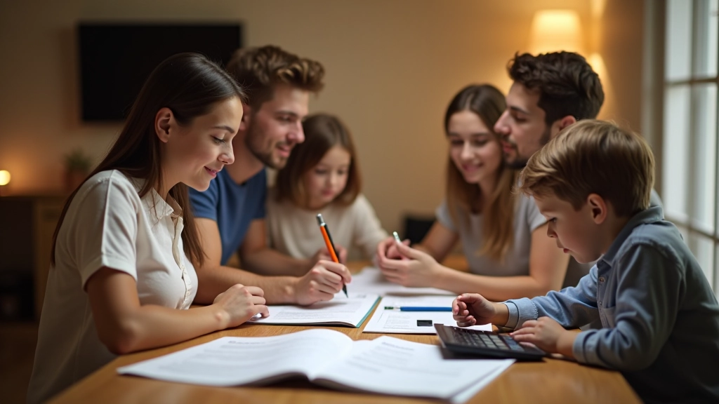 Familia alrededor de mesa revisando documentos financieros y calculadora