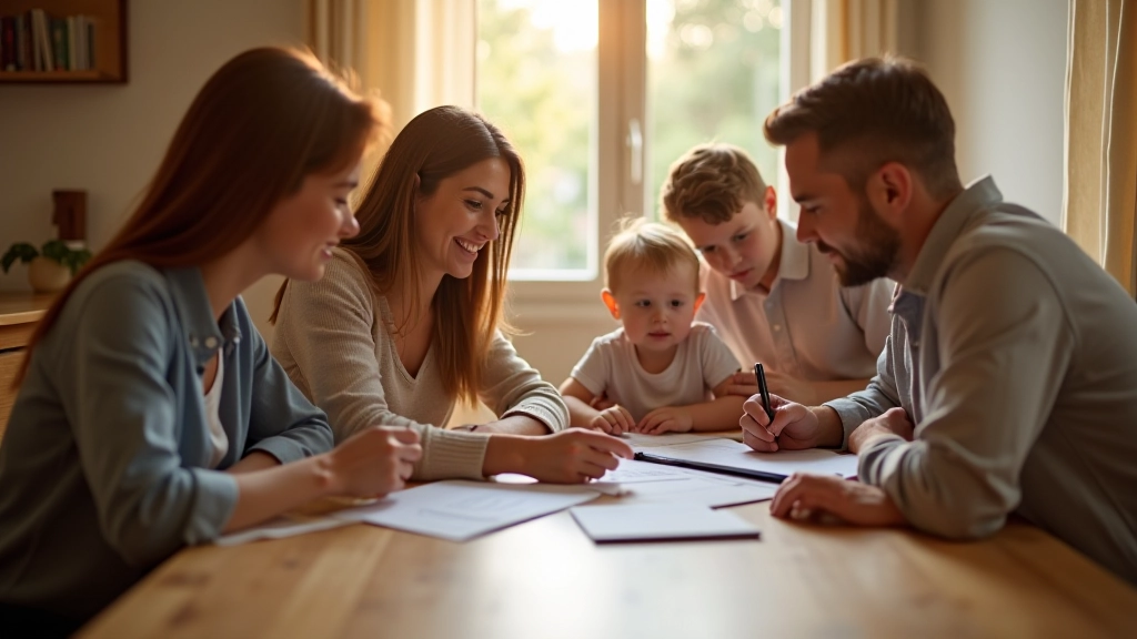 Familia revisando presupuesto mensual con documentos y calculadora en la mesa