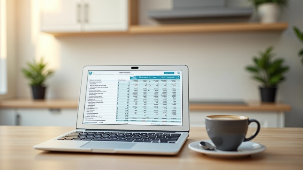 Portátil abierto mostrando hoja de cálculo de presupuesto mensual en cocina moderna con taza de café