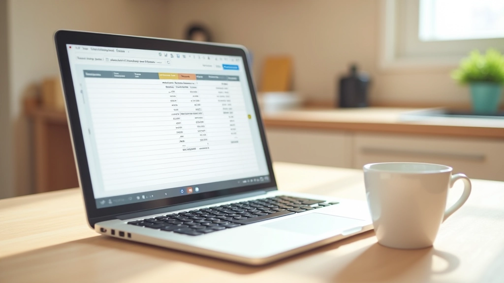 Portátil mostrando una hoja de cálculo con presupuesto mensual en una cocina moderna