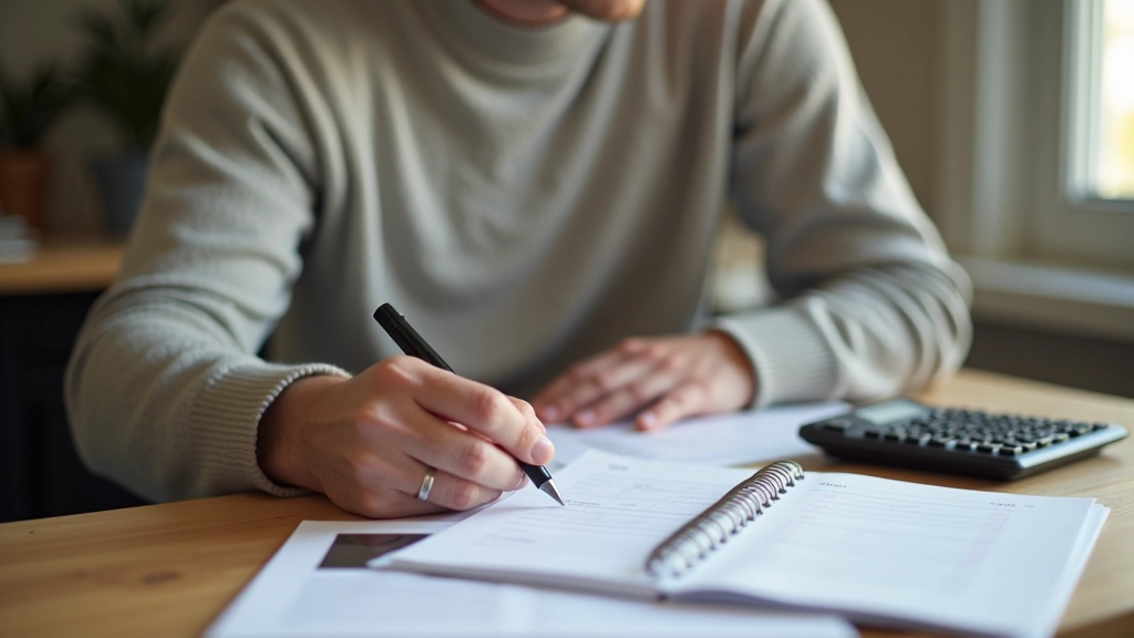 Persona escribiendo en un cuaderno con una calculadora y documentos financieros sobre una mesa de madera