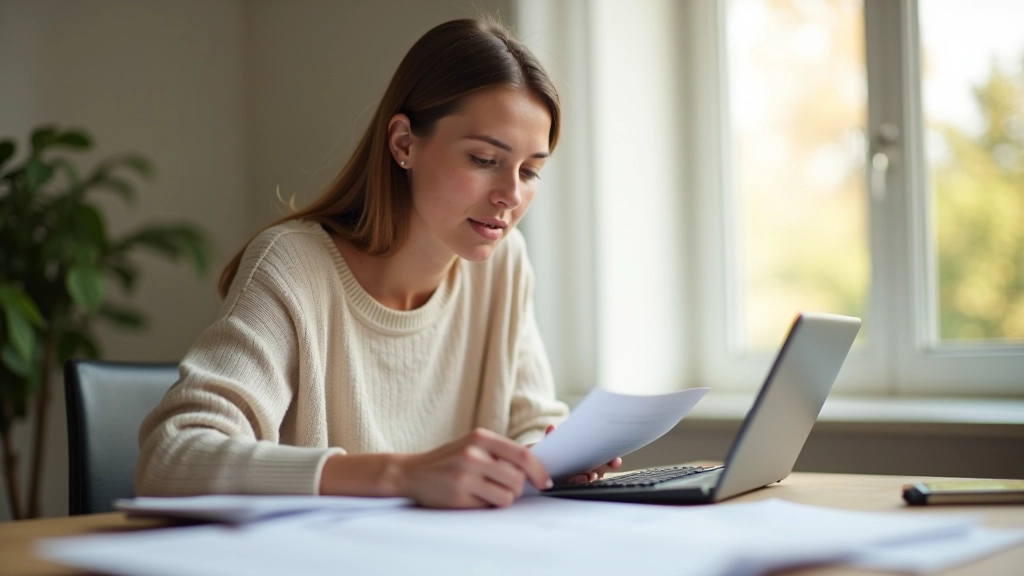 Persona revisando documentos financieros en escritorio con calculadora y café