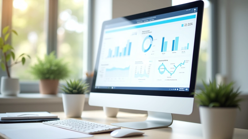 Monitor de escritorio mostrando un dashboard de presupuesto con gráficos circulares, líneas de tendencia y datos detallados de gastos anuales